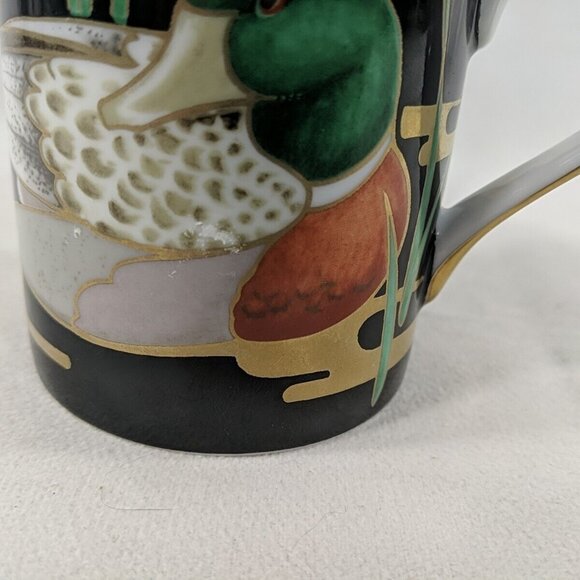Fitz & Floyd Mallard Pond 339 Fine Porcelain Mug Black Gold Duck Bird Coffee - Picture 5 of 10